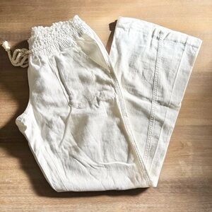 Roxy Oceanside Linen Blend Casual Pants in White Drawstring Waist, Sz Large NWT
